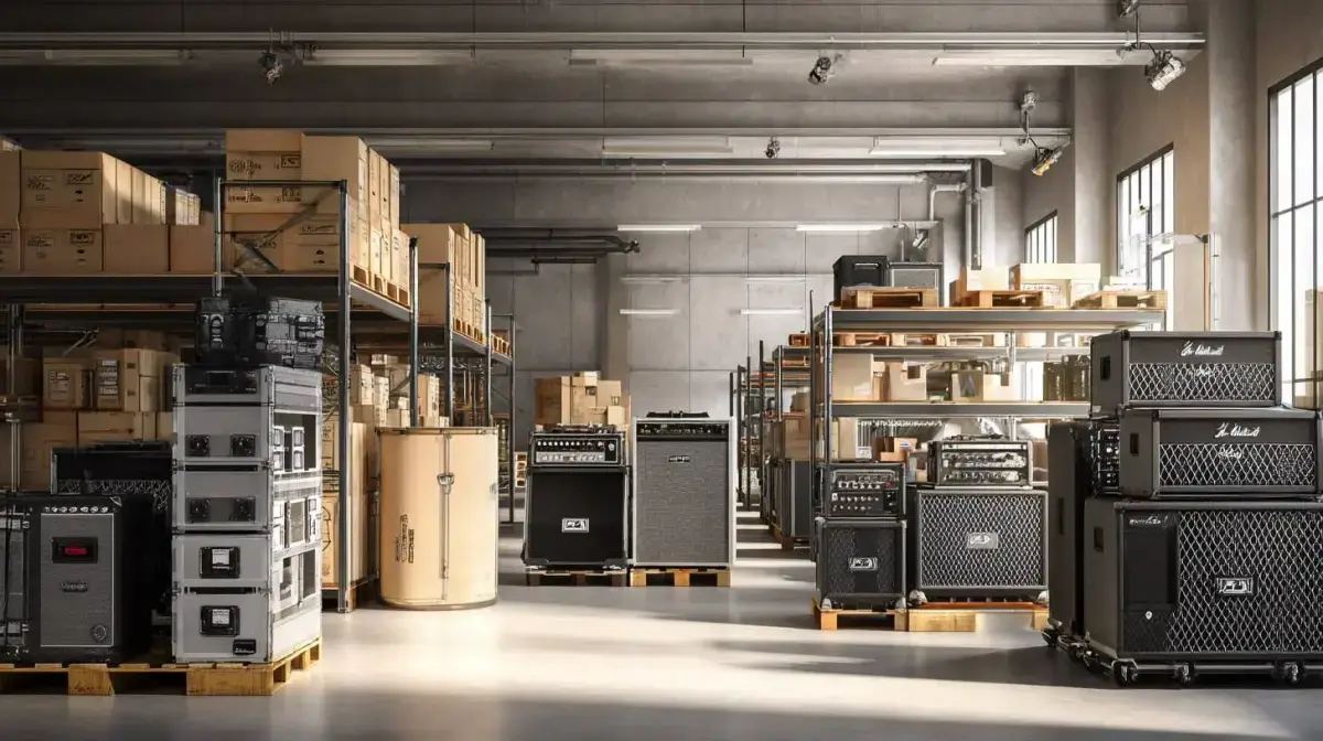 Flight-cased audio equipment and rack gear staged for interstate freight dispatch coordinated by QFM