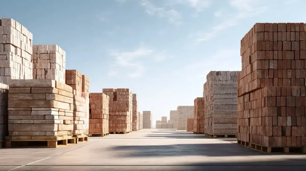Brick pallets unloaded at a construction site with crane-truck and forklift placement coordinated by QFM
