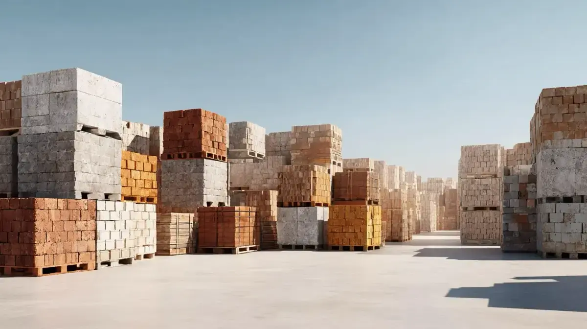 Palletised bricks strapped onto a flatbed for construction-site delivery coordinated through QFM