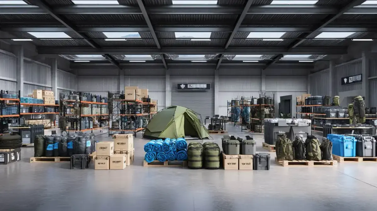 Camping retail stock unloading at a distribution warehouse for peak-season replenishment coordinated by QFM