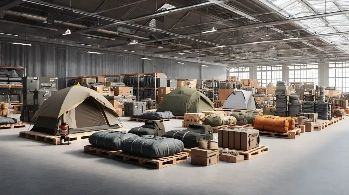 Palletised camping retail stock including tents, sleeping bags and outdoor gear staged for interstate freight through QFM