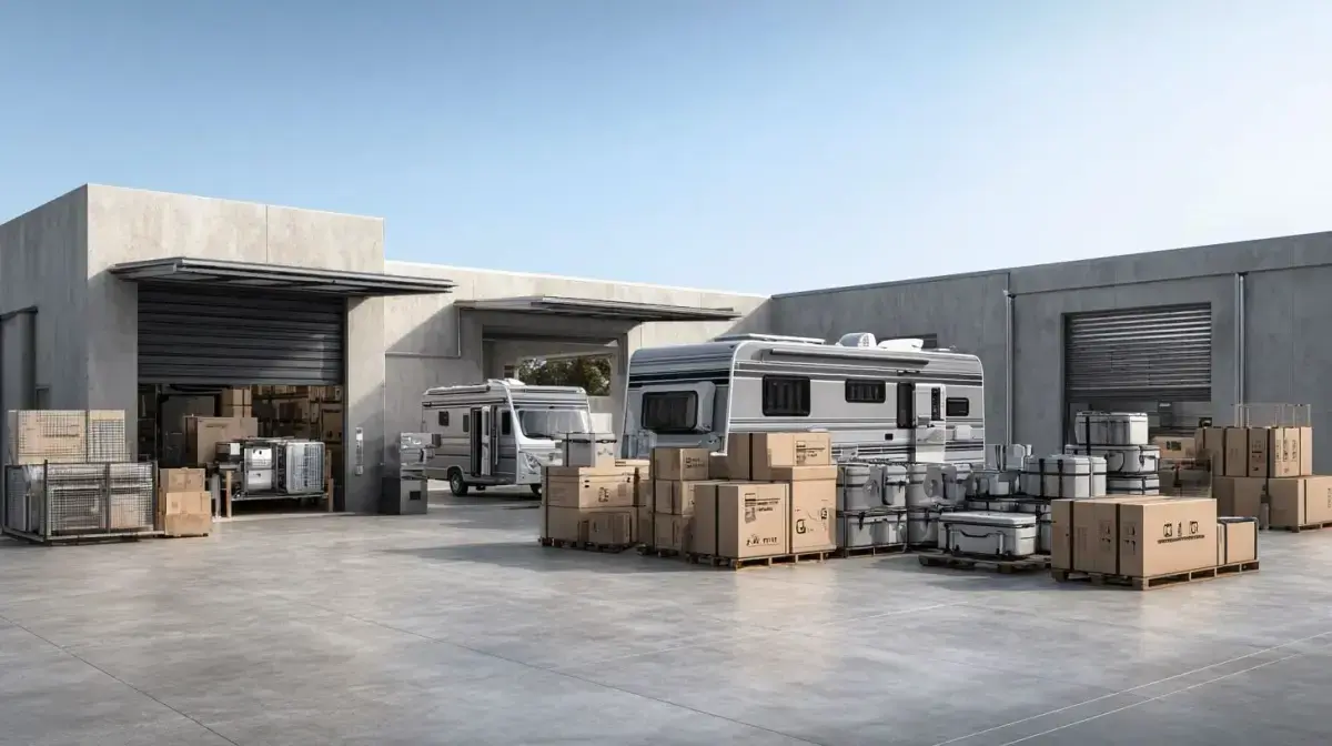 Awnings, water tanks and oversized caravan components staged for dealer and aftermarket distribution through QFM