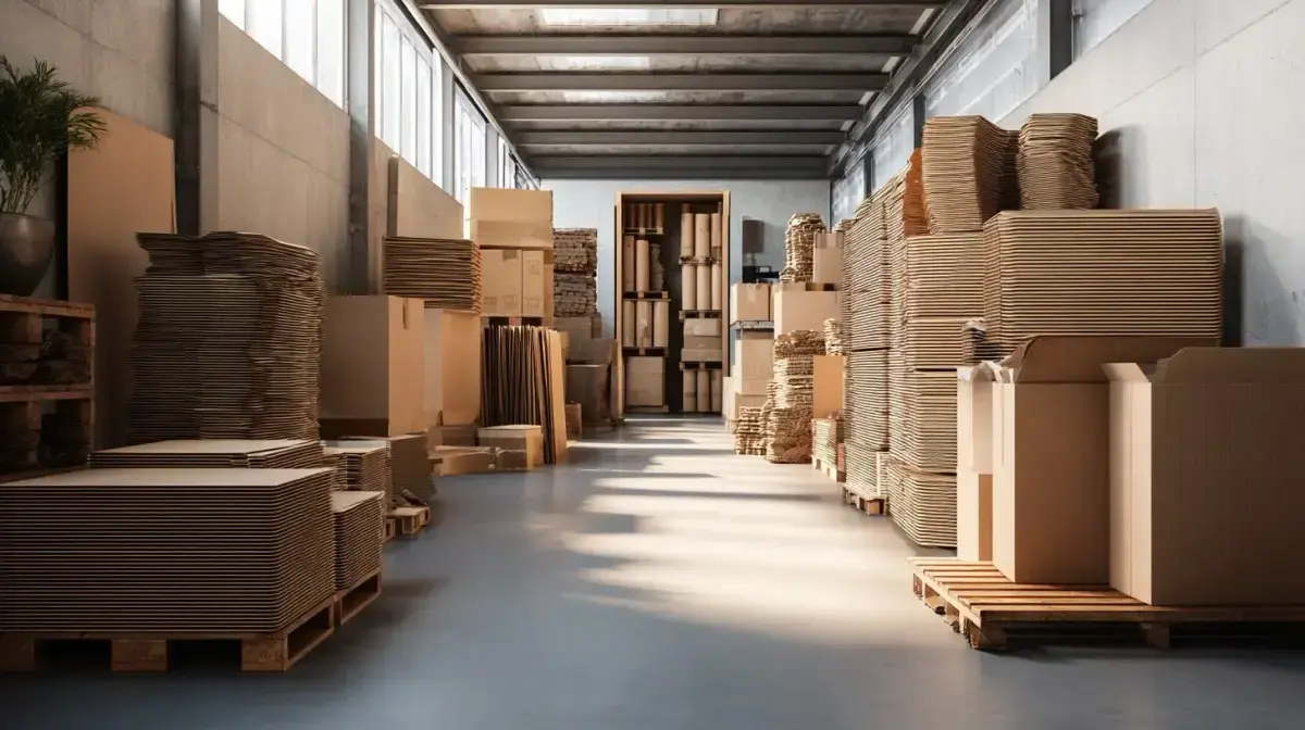 Cardboard rolls and die-cut packaging stock loaded for distribution to manufacturers and packers through QFM