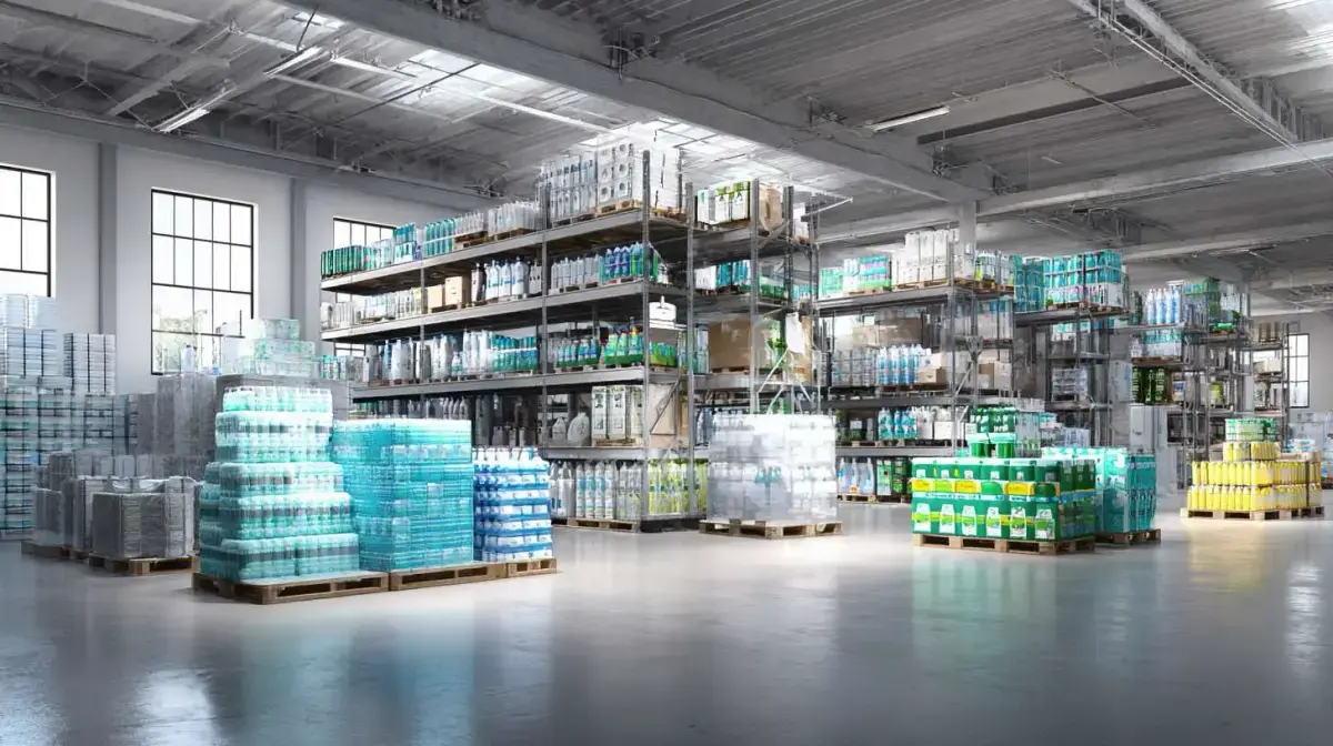 Palletised commercial cleaning chemicals, paper products and janitorial supplies staged for freight through QFM