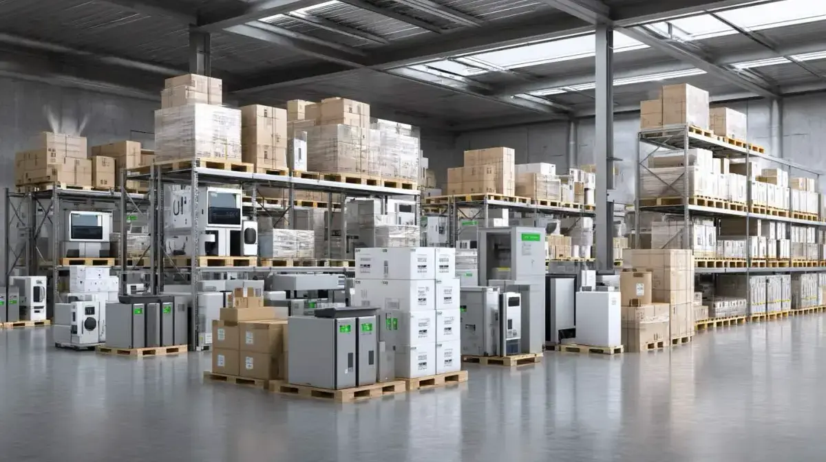 Boxed consumer electronics and rack-mounted server hardware palletised for anti-shock freight through QFM