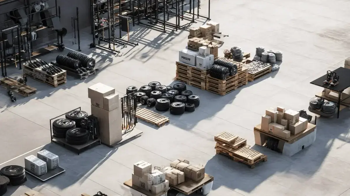 Fitness equipment and weight stacks loaded for studio install coordinated by QFM