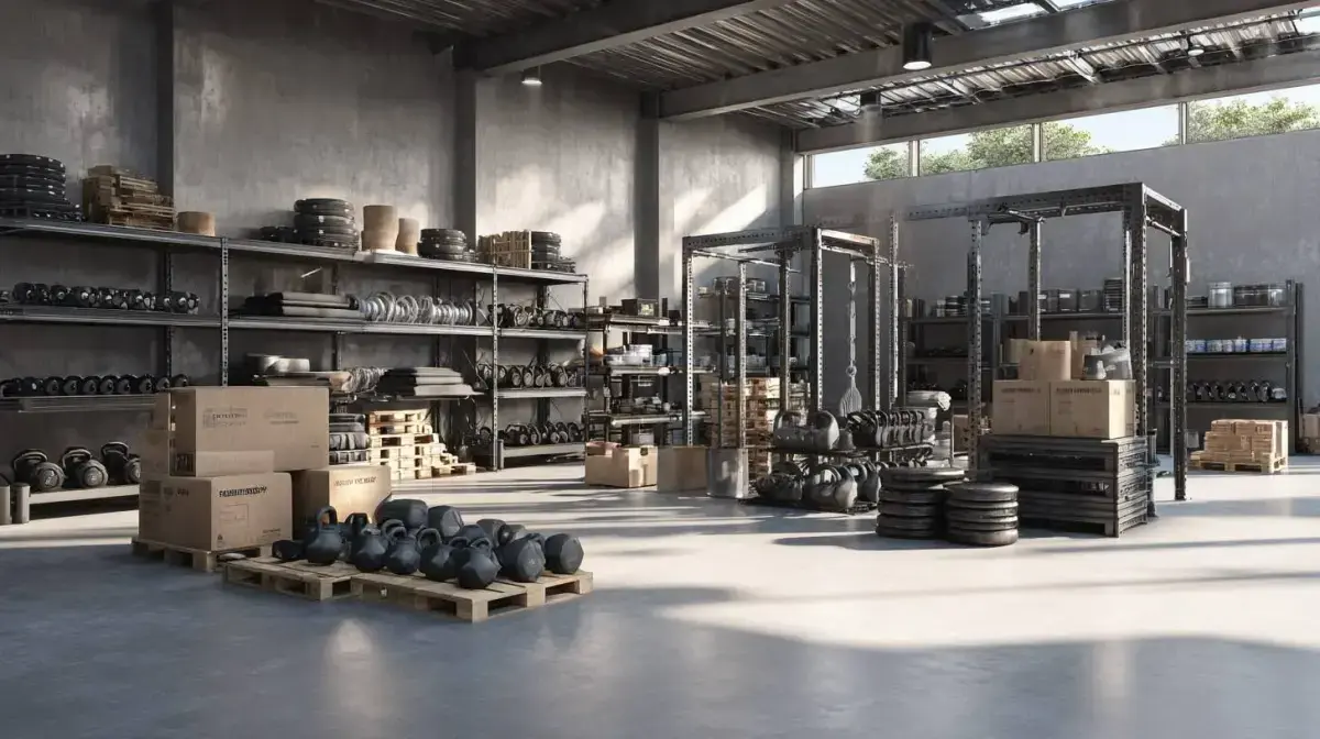 Palletised gym equipment including treadmills and weight racks staged for commercial install freight through QFM