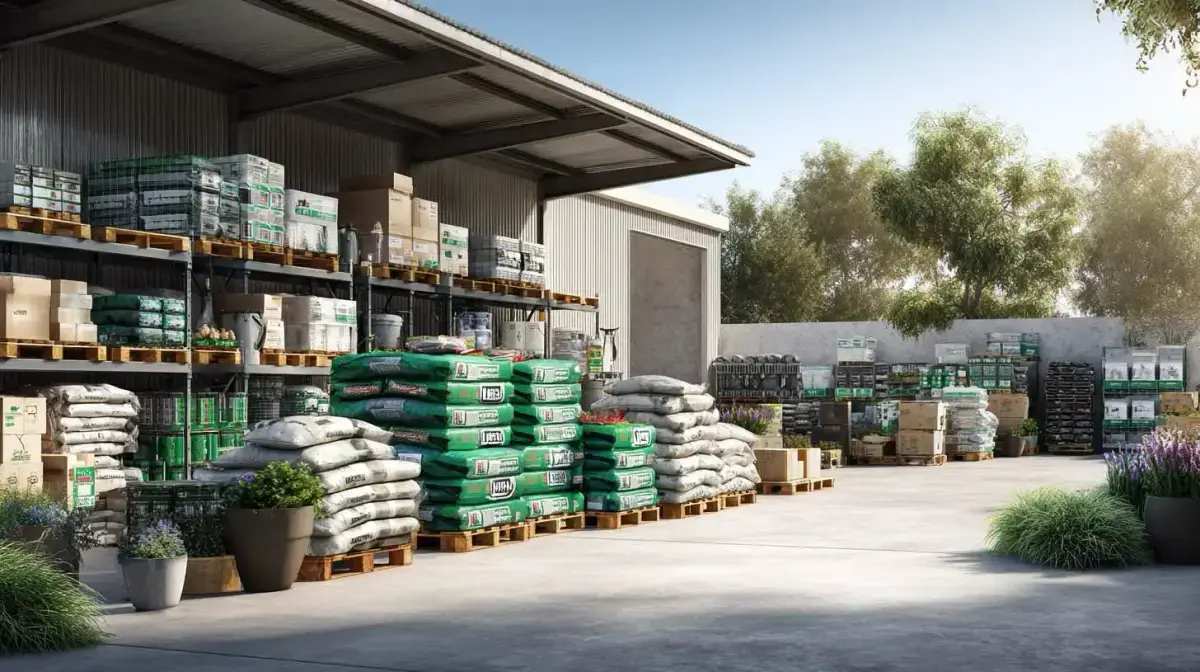 Palletised garden equipment, outdoor furniture and BBQs staged for retail distribution through QFM