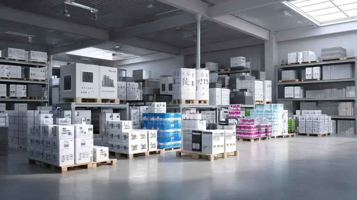 Palletised office paper, stationery and supplies staged for B2B distribution through QFM