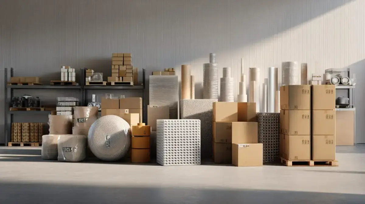 Palletised packaging materials including stretch wrap, tape and cartons staged for industrial supply through QFM