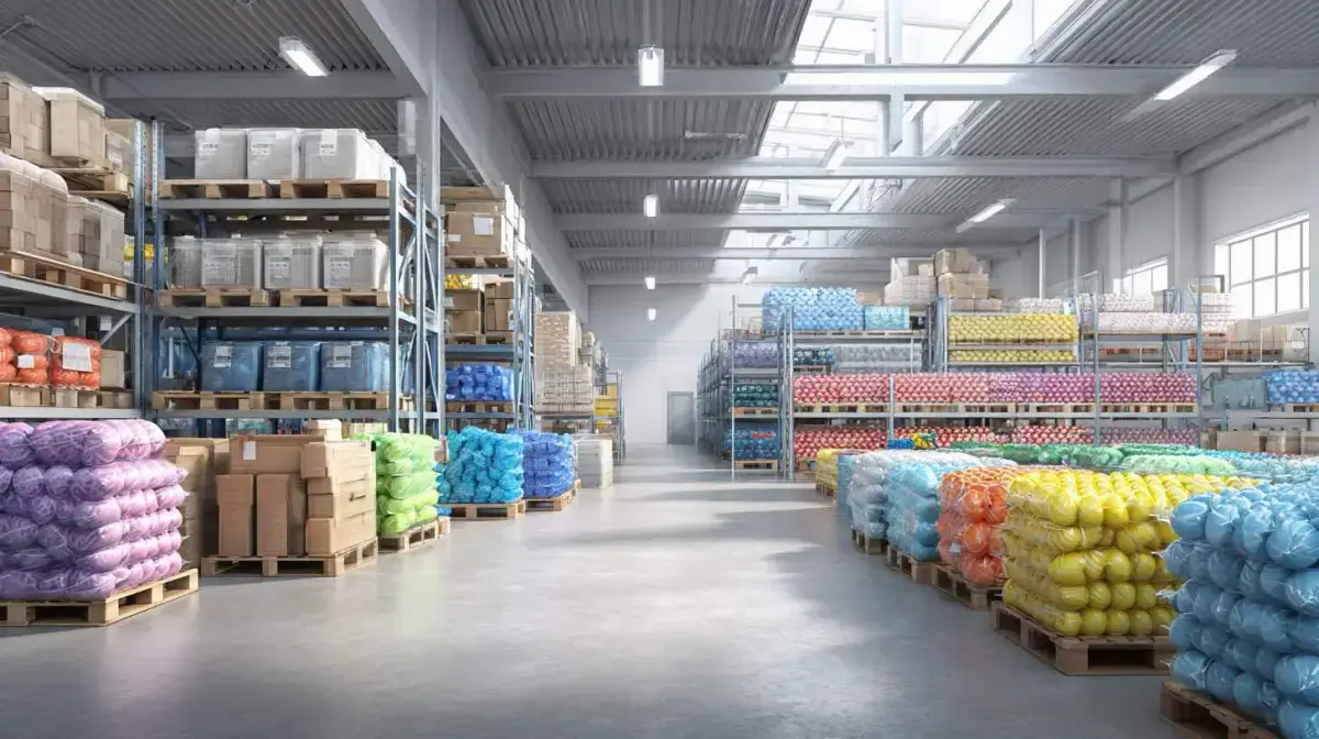 Palletised event hire equipment and party supplies staged for venue delivery through QFM