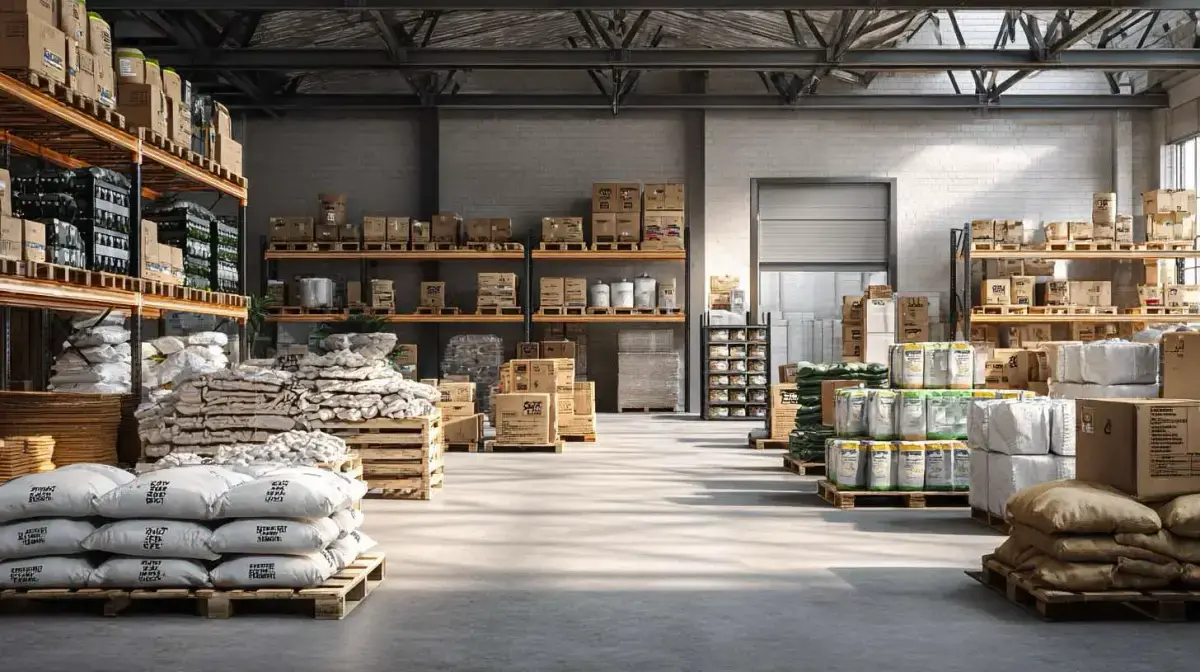 Palletised pet food and retail pet supplies staged for chain and independent store distribution through QFM