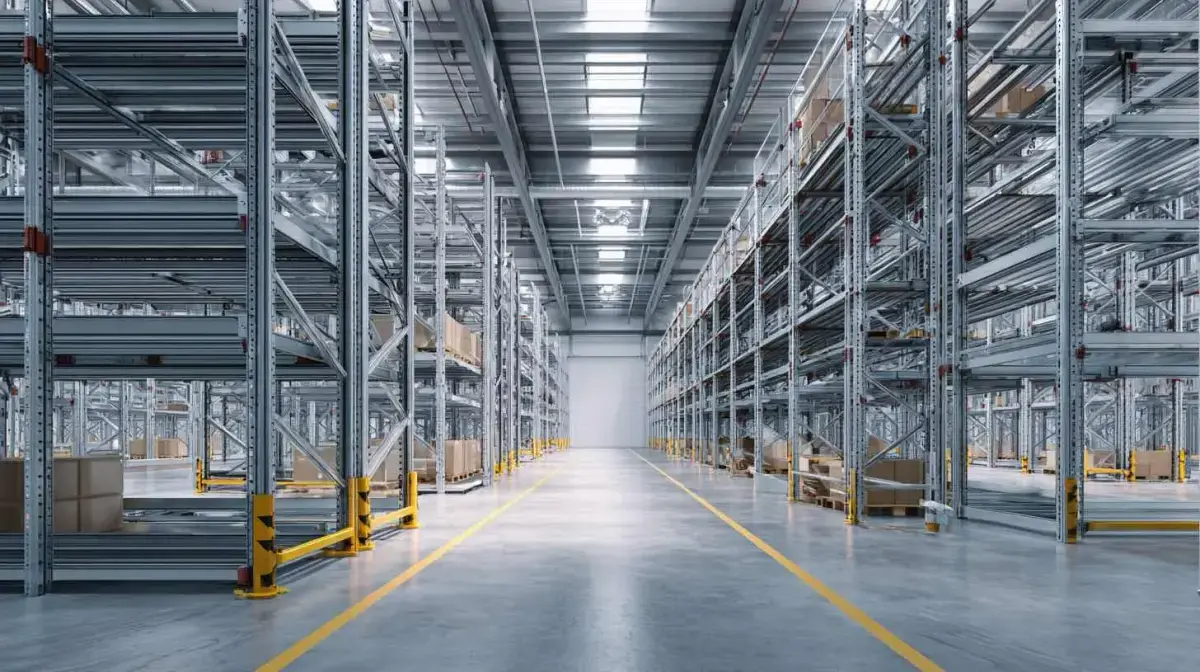 Palletised plastic storage bins and retail storage stock staged for distribution through QFM