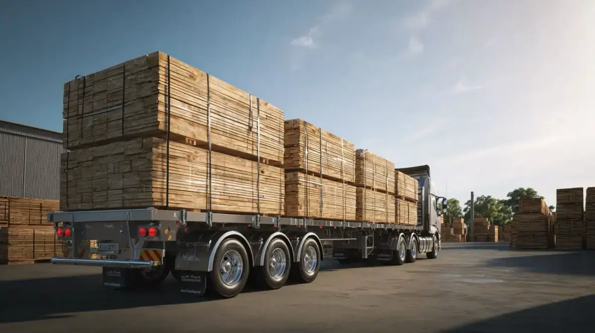 Overlength timber beams and boards loaded for site delivery coordinated by QFM